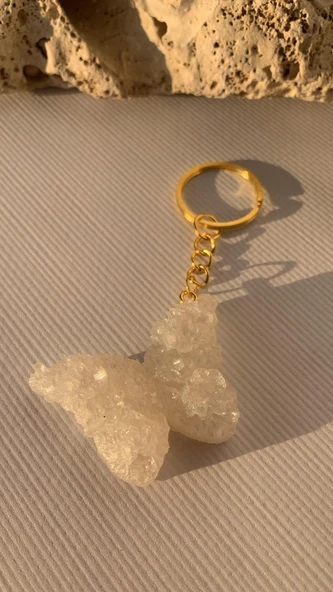 Sedefli Beyaz Renkli Kelebek Şekil 3D Kabartmalı Gold Halka Anahtarlık El Yapımı Epoksi Hediyelik - 3