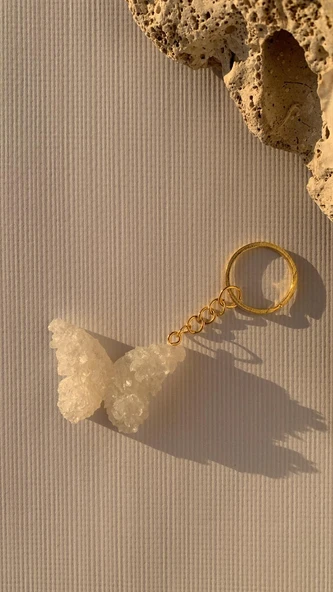 Sedefli Beyaz Renkli Kelebek Şekil 3D Kabartmalı Gold Halka Anahtarlık El Yapımı Epoksi Hediyelik - 5
