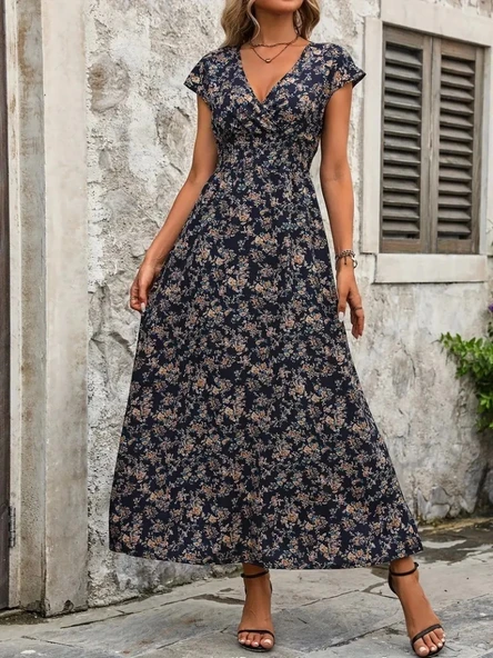 Kadın Kısa Kollu Kruvaze Yakalı çiçek Desenli Belden Lastikli Süprem Uzun Elbise - 4