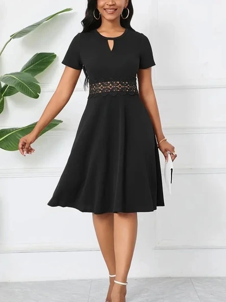 Kadın Kısa Kollu Yuvarlak Yaka Damla Detaylı Janjan Elbise - Resim 4