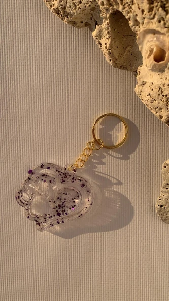 Çift Kalpli Pati Şekilli Mor Glitter Süslemeli Gold Aksesuarlı Epoksi Anahtarlık El Yapımı Hediyelik - 7