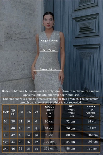 Kruvaze Yaka Payetli Midi Elbise 6031-Krem - Resim 8