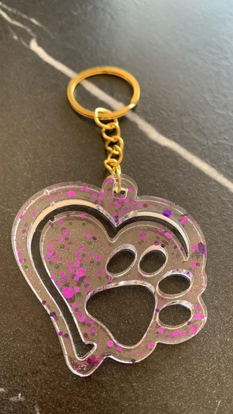 Çift Kalpli Pati Şekilli Mor Glitter Süslemeli Gold Aksesuarlı Epoksi Anahtarlık El Yapımı Hediyelik - 8