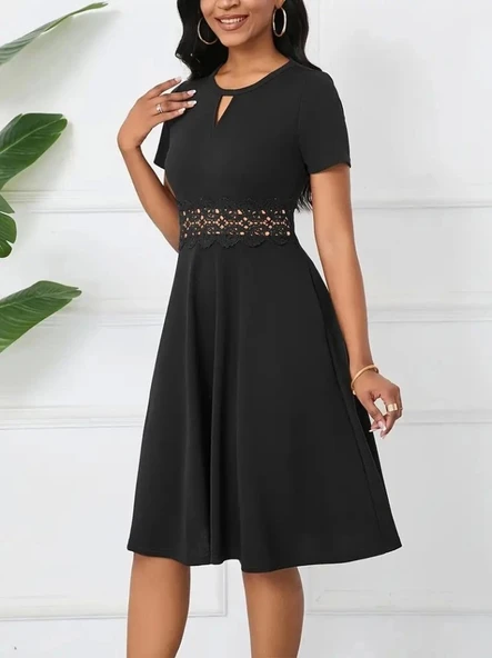 Kadın Kısa Kollu Yuvarlak Yaka Damla Detaylı Janjan Elbise - Resim 2