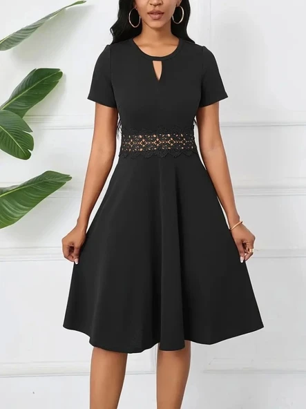 Kadın Kısa Kollu Yuvarlak Yaka Damla Detaylı Janjan Elbise ürün görseli