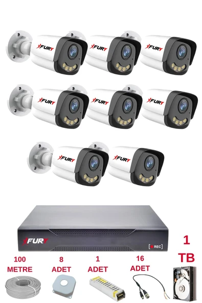 FURY 8 Kameralı 4 Warm Led Gece Renkli Görüş-Cepten İzle-Su Geçirmez Güvenlik Kamerası Seti 1TB - Resim 2