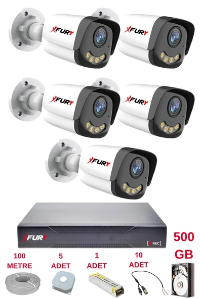FURY 5 Kameralı 4 Warm Led Gece Renkli Görüş-Cepten İzle-Su Geçirmez Güvenlik Kamerası Seti 500GB - 2