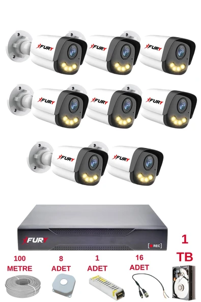 FURY 8 Kameralı 4 Warm Led Gece Renkli Görüş-Cepten İzle-Su Geçirmez Güvenlik Kamerası Seti 1TB ürün görseli
