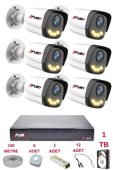 FURY 6 Kameralı 4 Warm Led Gece Renkli Görüş-Cepten İzle-Su Geçirmez Güvenlik Kamerası Seti 1TB ürün görseli