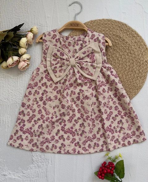 Çicekli Kız Bebek Ve Çocuk Fiyonklu Elbise - 6