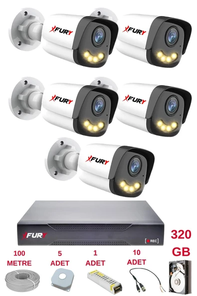 FURY 5 Kameralı 4 Warm Led Gece Renkli Görüş-Cepten İzle-Su Geçirmez Güvenlik Kamerası Seti 320GB