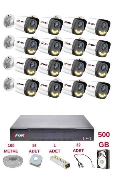 FURY 16 Kameralı 4 Warm Led Gece Renkli Görüş-Cepten İzle-Su Geçirmez Güvenlik Kamerası Seti 500GB