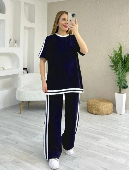 Kadın Kısa Kollu Bisiklet Yaka çift Renk şerit Detaylı Viskon Iki Iplik Bluz Ve Pantolon Ikili Takım