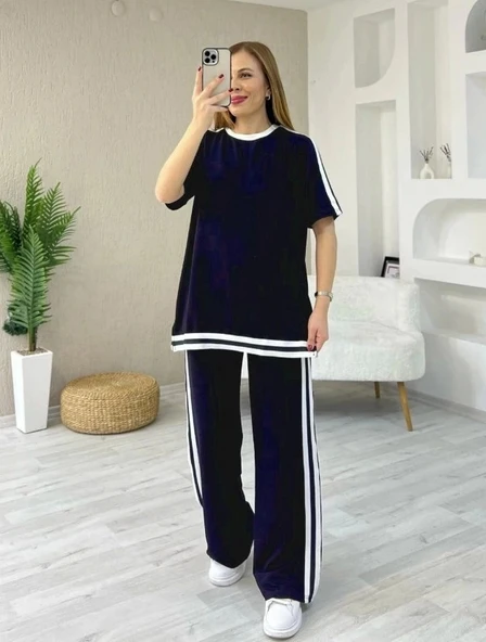 Kadın Kısa Kollu Bisiklet Yaka çift Renk şerit Detaylı Viskon Iki Iplik Bluz Ve Pantolon Ikili Takım - 3