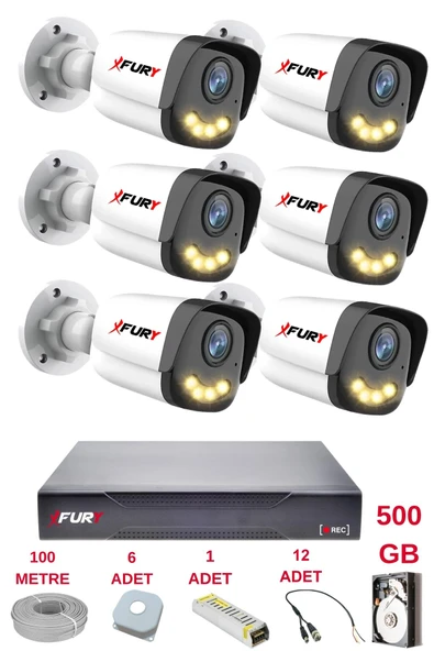 FURY 6 Kameralı 4 Warm Led Gece Renkli Görüş-Cepten İzle-Su Geçirmez Güvenlik Kamerası Seti 500GB ürün görseli