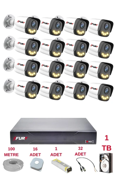 FURY 16 Kameralı 4 Warm Led Gece Renkli Görüş-Cepten İzle-Su Geçirmez Güvenlik Kamerası Seti 1TB ürün görseli