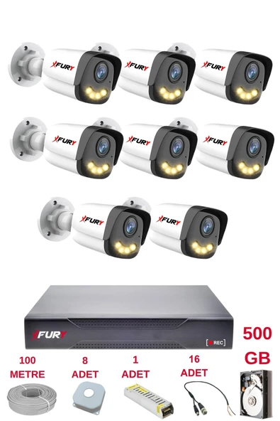 FURY 8 Kameralı 4 Warm Led Gece Renkli Görüş-Cepten İzle-Su Geçirmez Güvenlik Kamerası Seti 500GB
