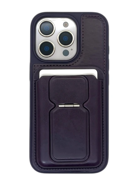 iPhone 13 Pro Max Uyumlu Standlı Kartlıklı Magsafe Wireless Şarj Özellikli Deri Cüzdan Kılıf - 3