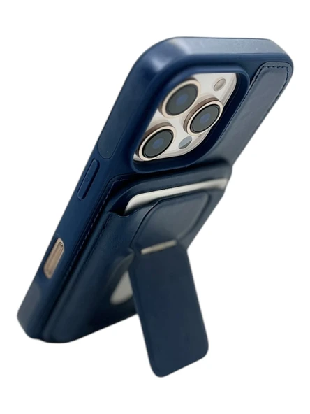 iPhone 13 Pro Max Uyumlu Standlı Kartlıklı Magsafe Wireless Şarj Özellikli Deri Cüzdan Kılıf - 8