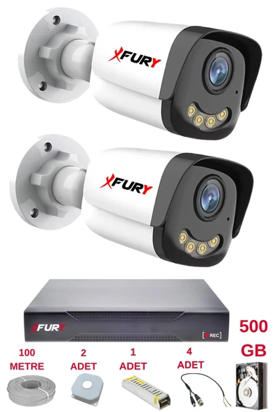 FURY 2 Kameralı 4 Warm Led Gece Renkli Görüş-Cepten İzle-Su Geçirmez Güvenlik Kamerası Seti 500GB - Resim 2