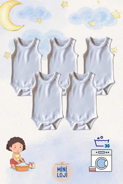 5'lü Düz Beyaz Bebek Zıbın Seti %100 Pamuk, Unisex, Yenidoğan Body - 4