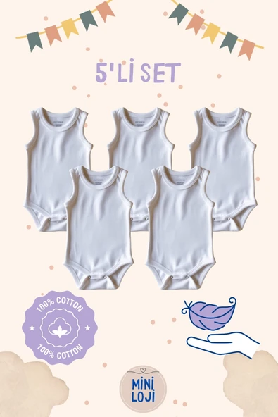 5'lü Düz Beyaz Bebek Zıbın Seti %100 Pamuk, Unisex, Yenidoğan Body