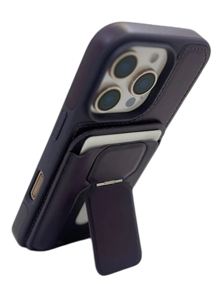 iPhone 13 Pro Max Uyumlu Standlı Kartlıklı Magsafe Wireless Şarj Özellikli Deri Cüzdan Kılıf - 4