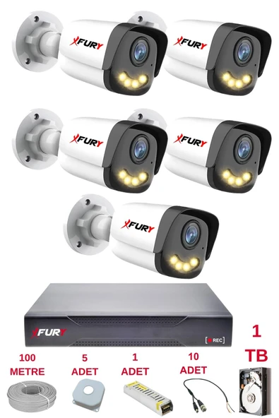 FURY 5 Kameralı 4 Warm Led Gece Renkli Görüş-Cepten İzle-Su Geçirmez Güvenlik Kamerası Seti 1TB ürün görseli