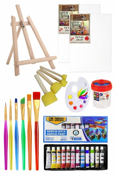Mini Şövale 25x35 2 li Tuval Mydido 12 Renk Akrilik Boya Başlangıç Seti Fırça Palet Ponpon Su Kabı Masaüstü Sanatsal