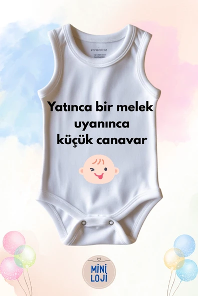Yatınca Bir Melek Uyanınca Küçük Canavar Yazılı Özel Tasarım Bebek Zıbın Body %100 Pamuklu, Unisex