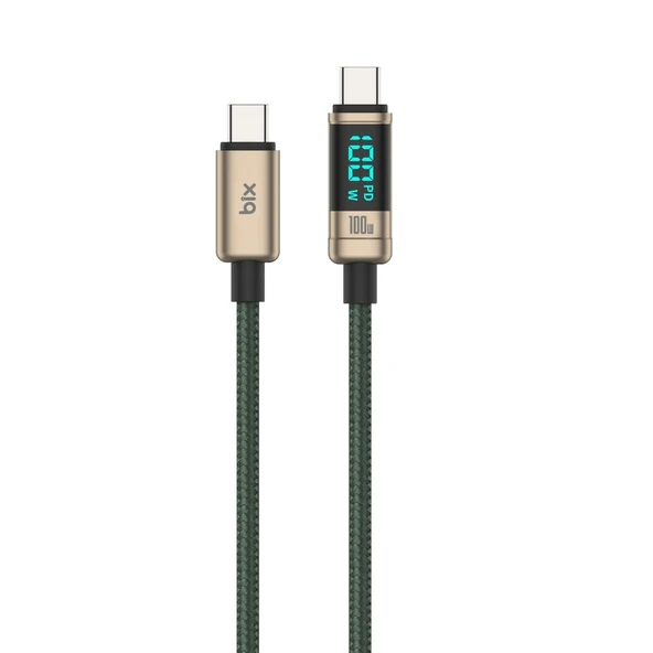 Bix BX09CC Type-C to Type-C 100W 480Mbps E-Marker Çipli LED Dijital Ekranlı Şarj ve Data Kablosu 1 Metre Bronz