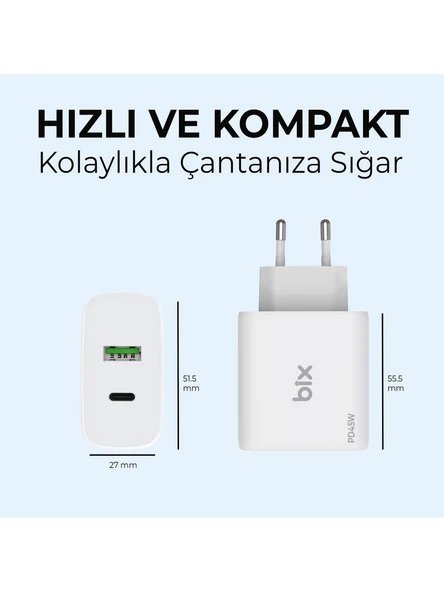 Bix BX2P45G GaN PD 45W Type-C ve USB-A QC 18W Çift Portlu Akım Korumalı Hızlı Şarj Cihazı Beyaz - 5