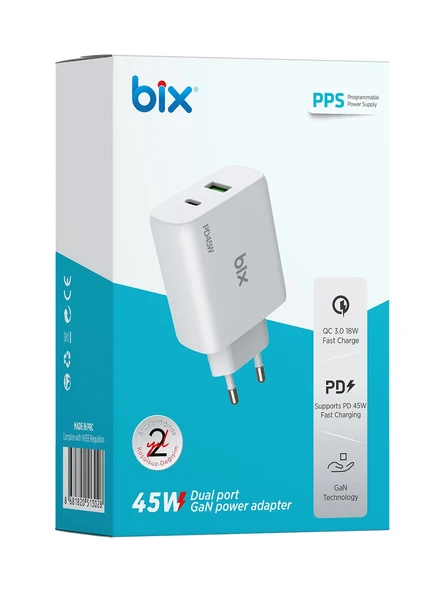 Bix BX2P45G GaN PD 45W Type-C ve USB-A QC 18W Çift Portlu Akım Korumalı Hızlı Şarj Cihazı Beyaz - 7