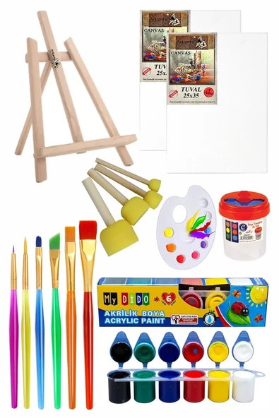Mini Şövale 25x35 2 li Tuval Mydido 6 Renk Akrilik Boya Başlangıç Seti Fırça Palet Ponpon Su Kabı Masaüstü Sanatsal - 1