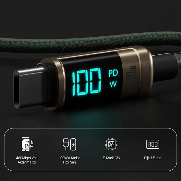 Bix BX09CC Type-C to Type-C 100W 480Mbps E-Marker Çipli LED Dijital Ekranlı Şarj ve Data Kablosu 1 Metre Bronz - 2