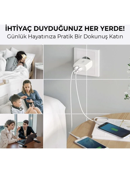 Bix BX2P45G GaN PD 45W Type-C ve USB-A QC 18W Çift Portlu Akım Korumalı Hızlı Şarj Cihazı Beyaz - 8
