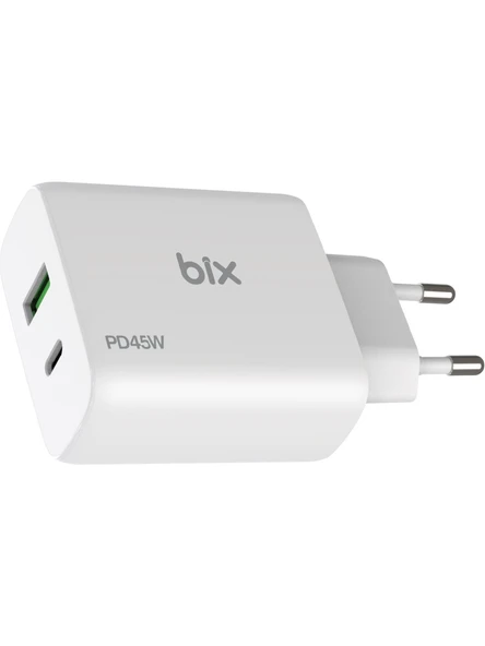 Bix BX2P45G GaN PD 45W Type-C ve USB-A QC 18W Çift Portlu Akım Korumalı Hızlı Şarj Cihazı Beyaz - 3