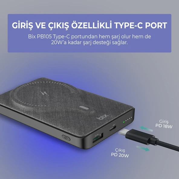 Bix PB105 Siyah 10000 mAh Hızlı Şarj Destekli - Kablosuz - LED Göstergeli Powerbank - 8