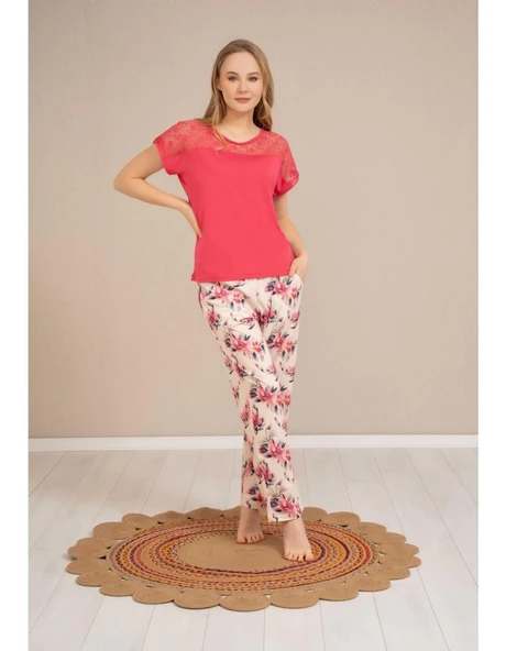 Baha Perfect Club Kadın Bisiklet Dantel Yaka Yarım Kol Pijama Takımı 4352 - 1 Adet  XL Fuşya