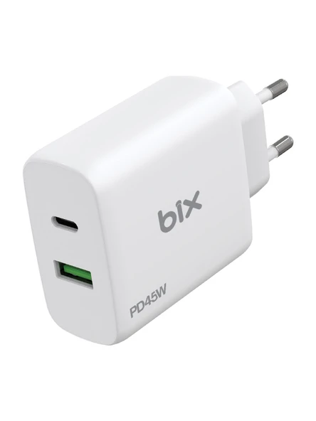 Bix BX2P45G GaN PD 45W Type-C ve USB-A QC 18W Çift Portlu Akım Korumalı Hızlı Şarj Cihazı Beyaz