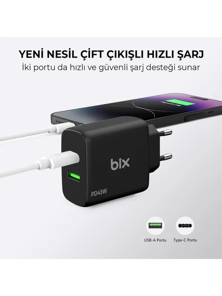 Bix BX2P45G GaN PD 45W Type-C ve USB-A QC 18W Çift Portlu Akım Korumalı Hızlı Şarj Cihazı Siyah - 4