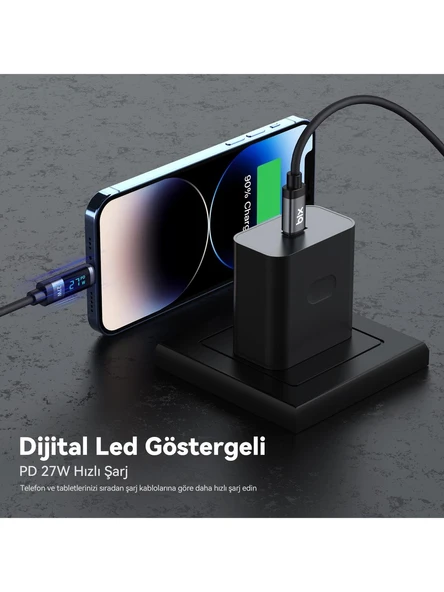 Bix BX06CL Type-C to Lightning iPhone 27W Örgülü LED Dijital Ekranlı Şarj ve Data Kablosu 1 Metre - 3