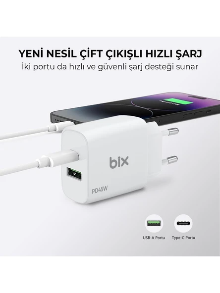 Bix BX2P45G GaN PD 45W Type-C ve USB-A QC 18W Çift Portlu Akım Korumalı Hızlı Şarj Cihazı Beyaz - 4