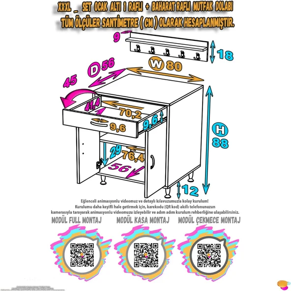 Modilayn QPLAS (XXXL) Set Ocak Altı Dolap 80x88x48 cm. Çekmeceli, kapaklı, raflı ve baharat raflı. - 5