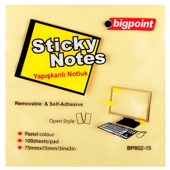 Bigpoint Yapışkanlı Not Kağıdı 75x75 Sarı BP802-15-12-PKT