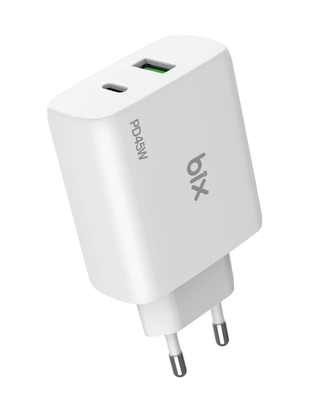 Bix BX2P45G GaN PD 45W Type-C ve USB-A QC 18W Çift Portlu Akım Korumalı Hızlı Şarj Cihazı Beyaz - 2