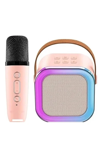 Karaoke Kablosuz Hoparlör Mikrofonlu Rgb Işıklı Bluetooth Speaker Tf Kart/usb Pembe - 2