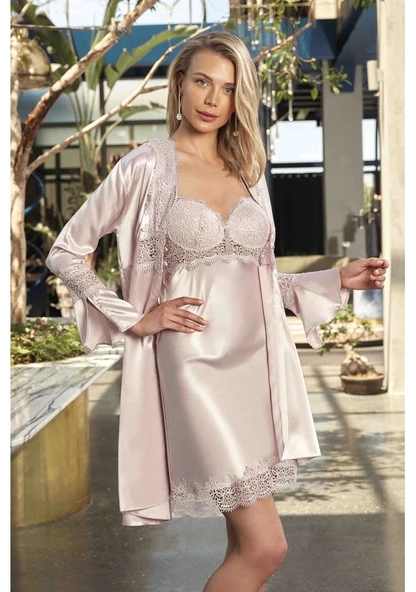 Monalisa Home 7115 Dantel Sabahlıklı Saten Gecelik Takım  S -Pudra