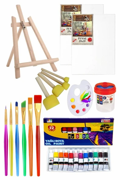 Mini Şövale 25x35 2 li Tuval Mydido 12 Renk Yağlı Boya Başlangıç Seti Fırça Palet Ponpon Su Kabı Masaüstü Sanatsal - 1