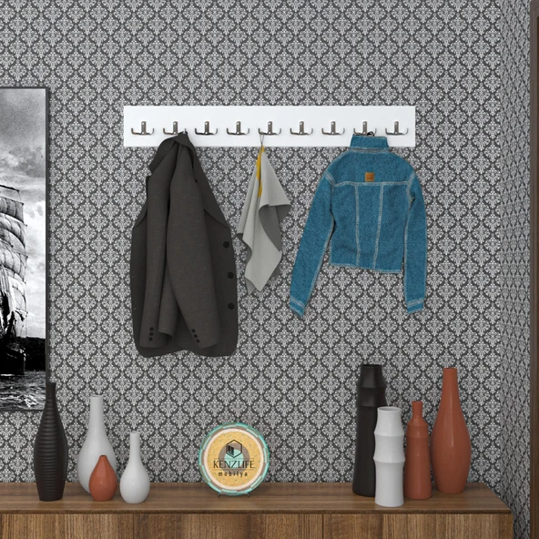 Kenzlife askılık tokadi mat beyaz renk suntalam 9 adet metal krom renk portmanto ürün görseli